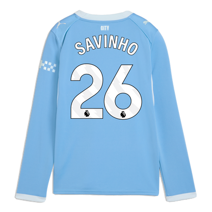 Kids' Manchester City Home Jersey 2026/27 Long Sleeve With SAVINHO 26 Printing - Team Light Blue-Icy Blue