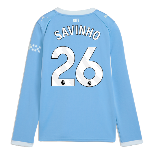 Kids' Manchester City Home Jersey 2026/27 Long Sleeve With SAVINHO 26 Printing - Team Light Blue-Icy Blue