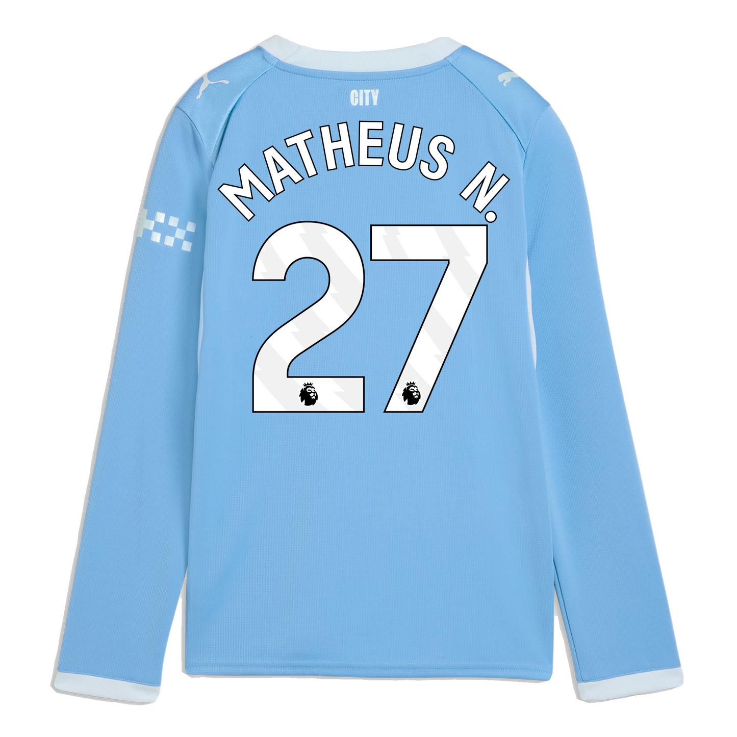 Kids' Manchester City Home Jersey 2026/27 Long Sleeve With MATHEUS N. 27 Printing - Team Light Blue-Icy Blue
