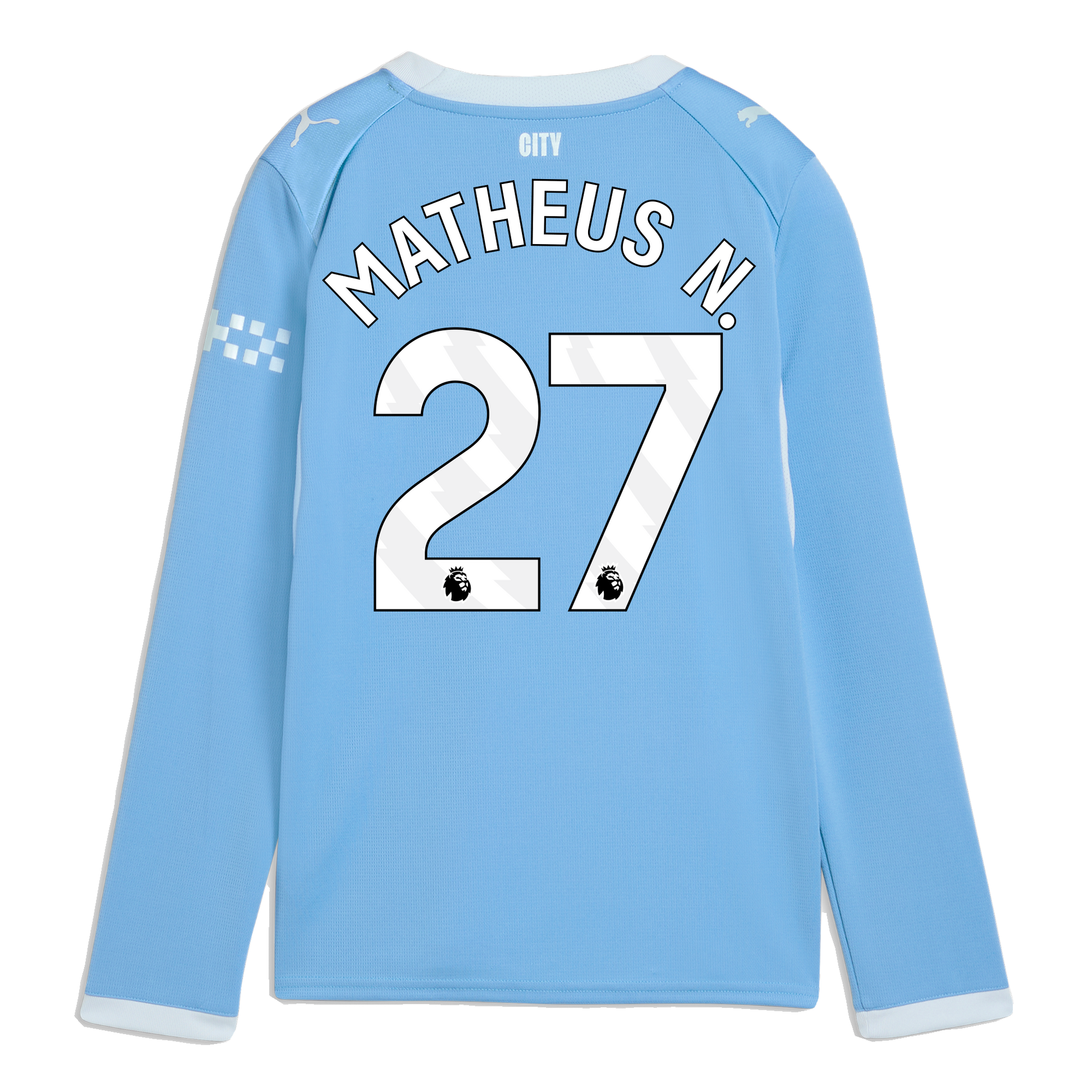 Kids' Manchester City Home Jersey 2026/27 Long Sleeve With MATHEUS N. 27 Printing - Team Light Blue-Icy Blue
