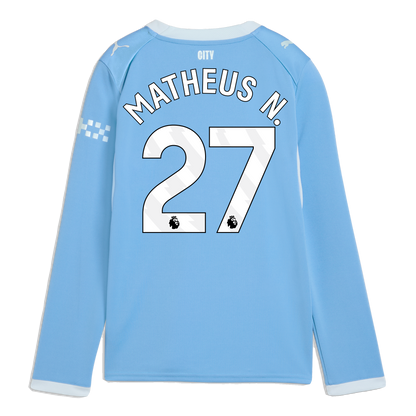 Kids' Manchester City Home Jersey 2026/27 Long Sleeve With MATHEUS N. 27 Printing - Team Light Blue-Icy Blue