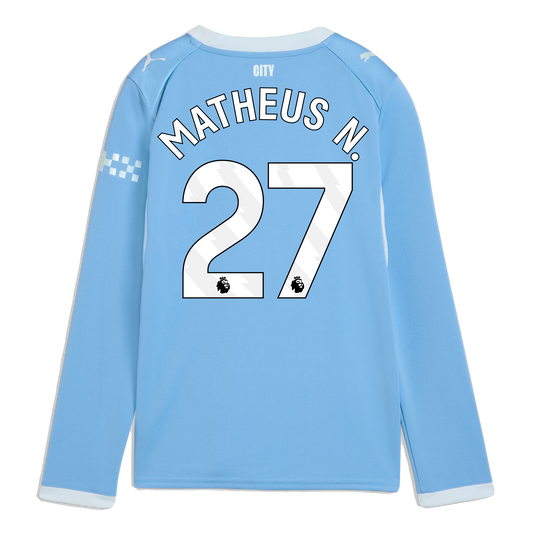 Kids' Manchester City Home Jersey 2026/27 Long Sleeve With MATHEUS N. 27 Printing - Team Light Blue-Icy Blue
