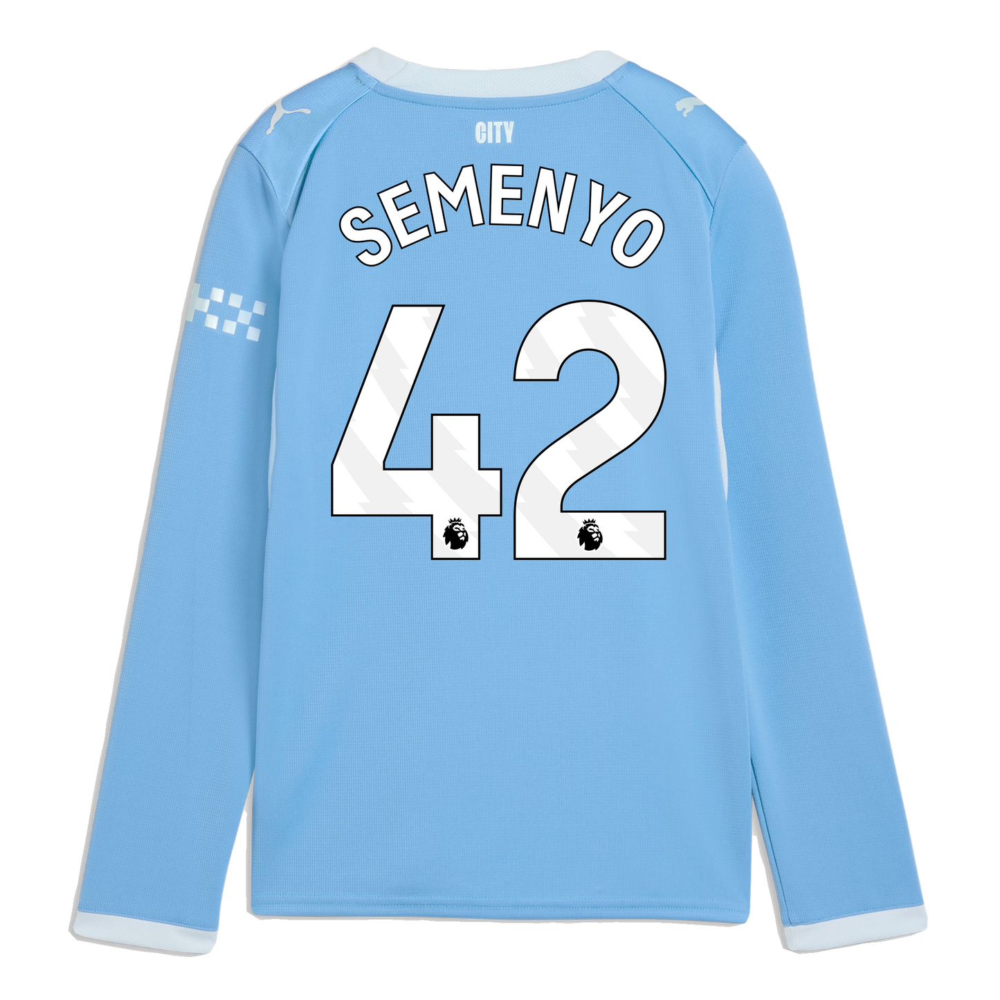 Kids' Manchester City Home Jersey 2026/27 Long Sleeve With SEMENYO 42 Printing - Team Light Blue-Icy Blue