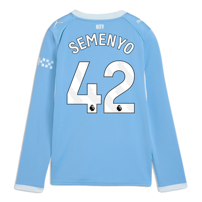Kids' Manchester City Home Jersey 2026/27 Long Sleeve With SEMENYO 42 Printing - Team Light Blue-Icy Blue