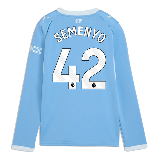 Kids' Manchester City Home Jersey 2026/27 Long Sleeve With SEMENYO 42 Printing - Team Light Blue-Icy Blue