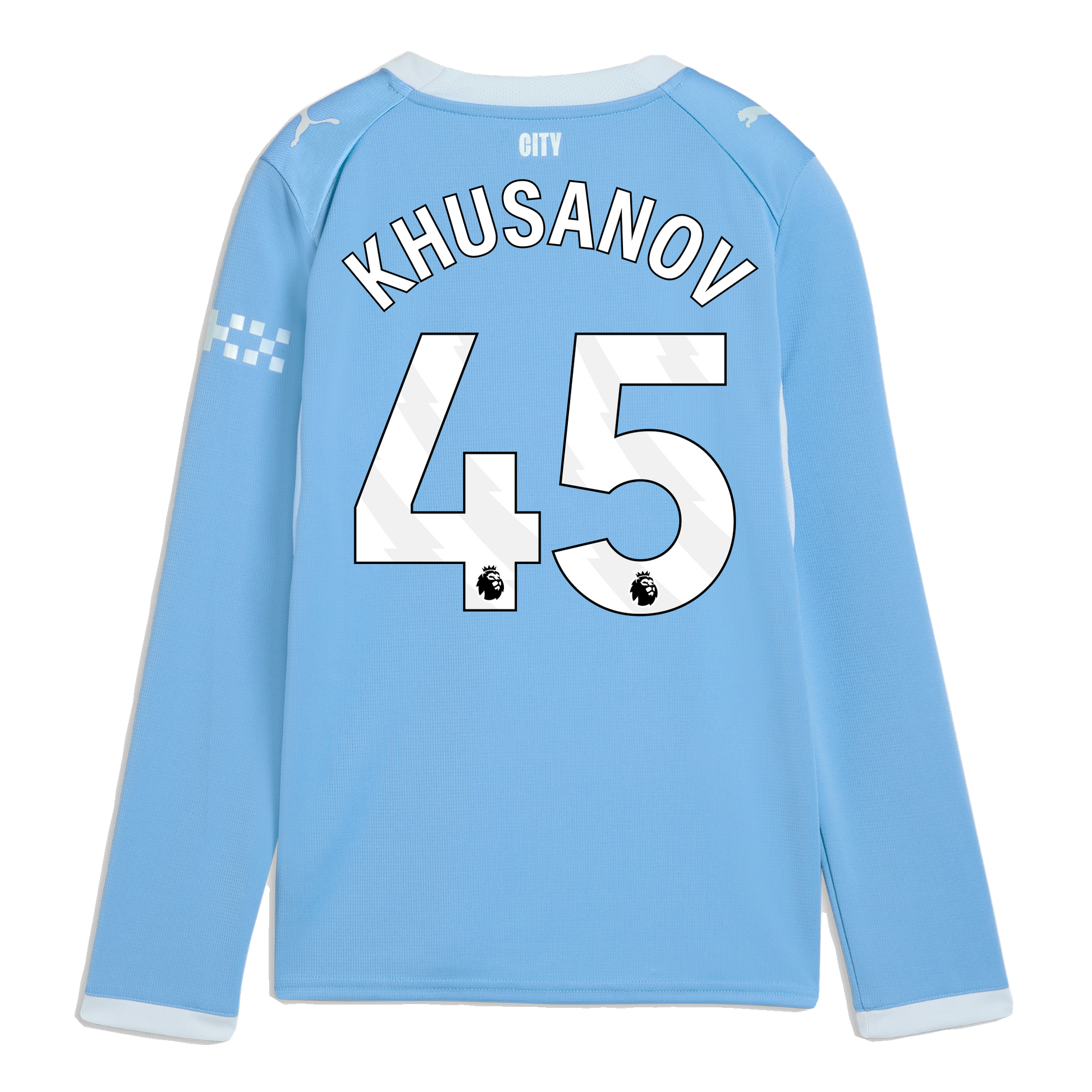 Kids' Manchester City Home Jersey 2026/27 Long Sleeve With KHUSANOV 45 Printing - Team Light Blue-Icy Blue