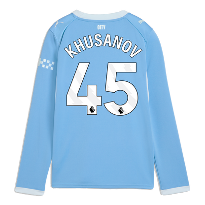 Kids' Manchester City Home Jersey 2026/27 Long Sleeve With KHUSANOV 45 Printing - Team Light Blue-Icy Blue