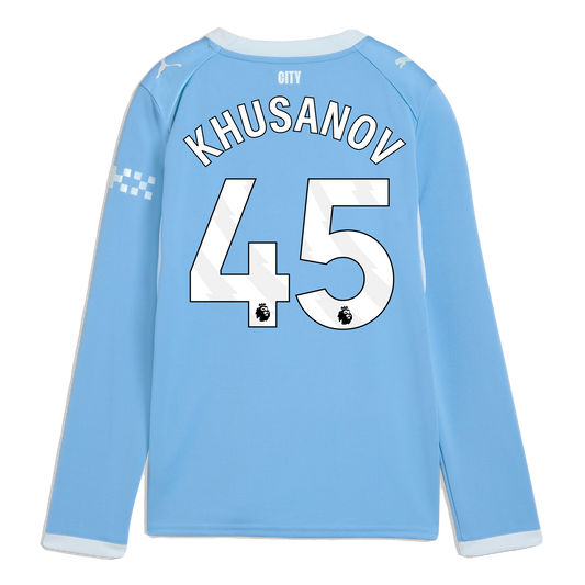 Kids' Manchester City Home Jersey 2026/27 Long Sleeve With KHUSANOV 45 Printing - Team Light Blue-Icy Blue