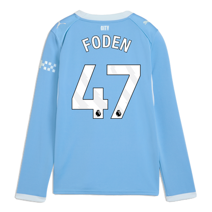 Kids' Manchester City Home Jersey 2026/27 Long Sleeve With FODEN 47 Printing - Team Light Blue-Icy Blue
