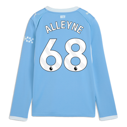 Kids' Manchester City Home Jersey 2026/27 Long Sleeve With ALLEYNE 68 Printing - Team Light Blue-Icy Blue