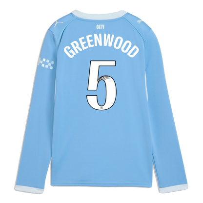 Kids' Manchester City Home Jersey 2026/27 Long Sleeve With GREENWOOD 5 Printing