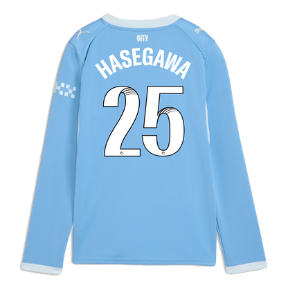 Kids' Manchester City Home Jersey 2026/27 Long Sleeve With HASEGAWA 25 Printing