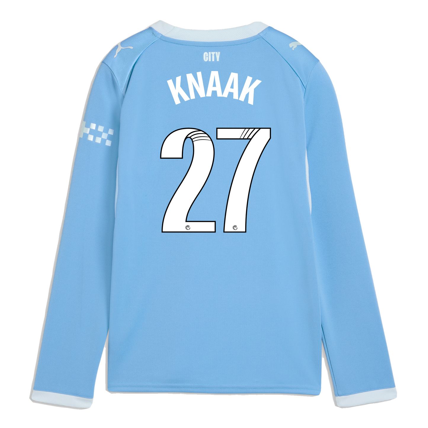 Kids' Manchester City Home Jersey 2026/27 Long Sleeve With KNAAK 27 Printing