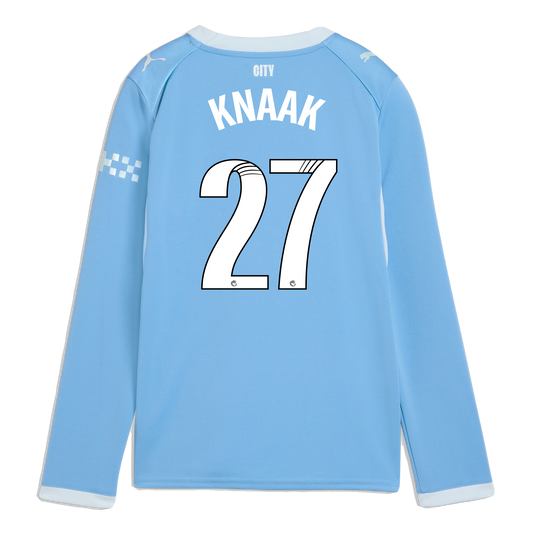 Kids' Manchester City Home Jersey 2026/27 Long Sleeve With KNAAK 27 Printing
