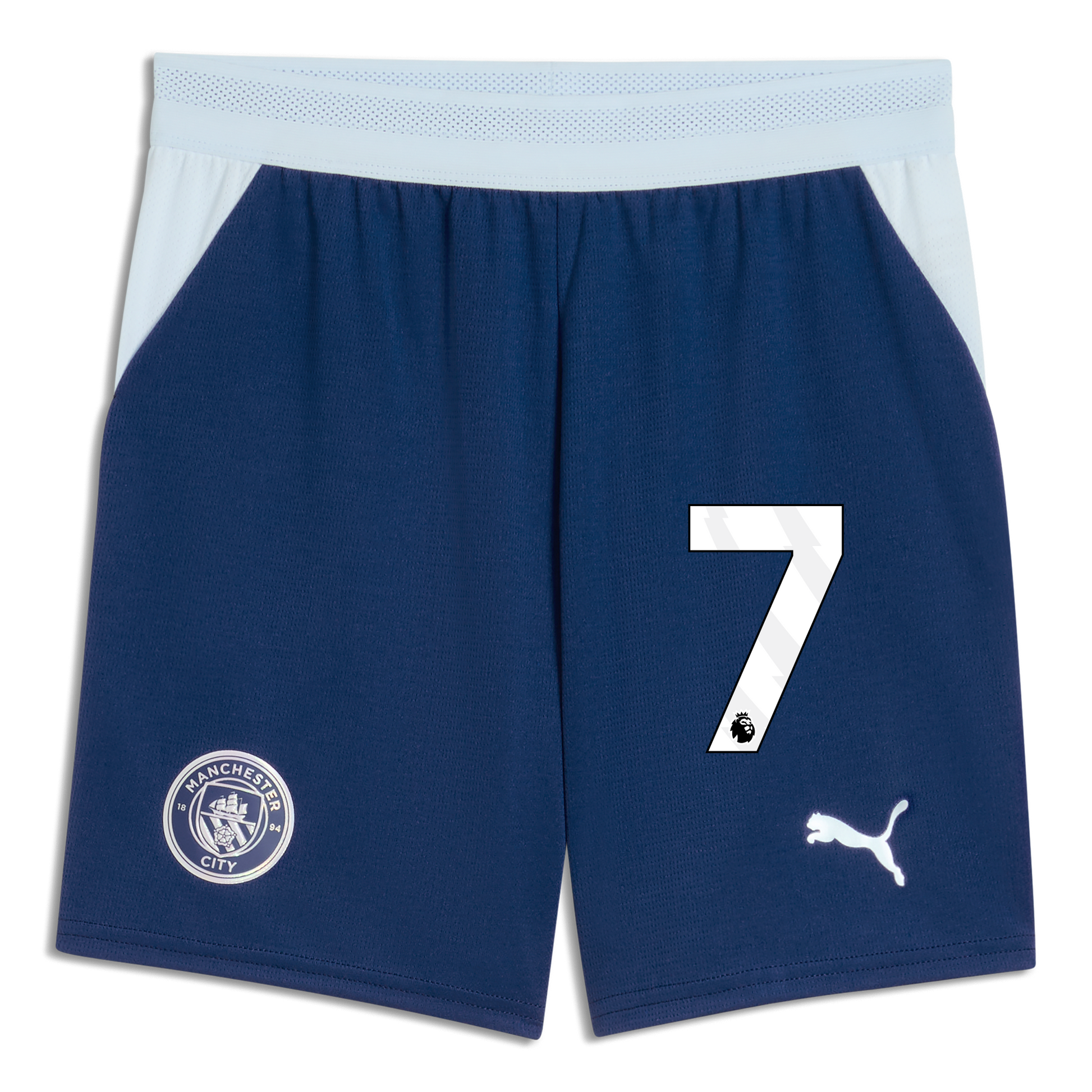 Kids' Manchester City Football Shorts 2026/27 With #7 - Blue Jewel-Icy Blue