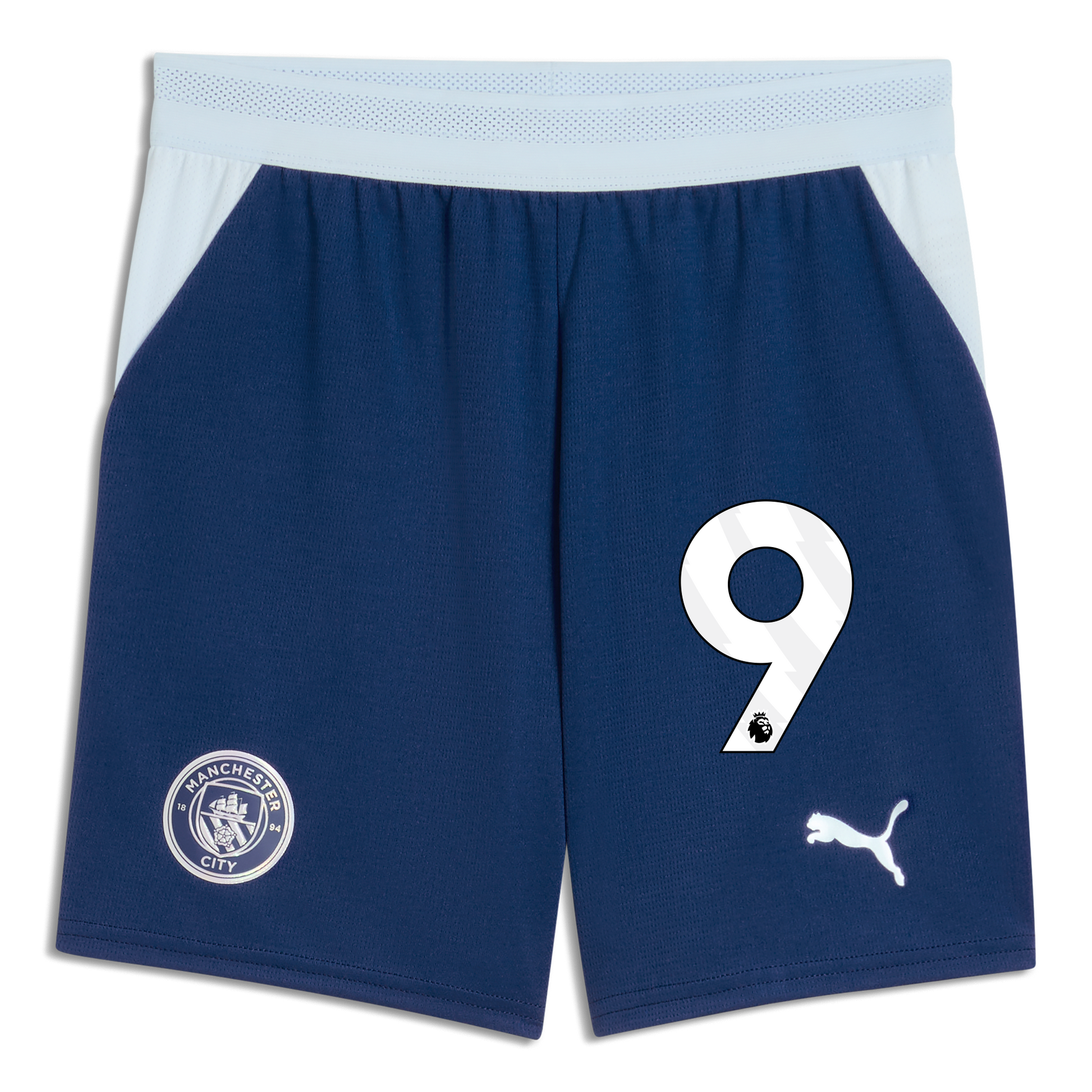 Kids' Manchester City Football Shorts 2026/27 With #9 - Blue Jewel-Icy Blue