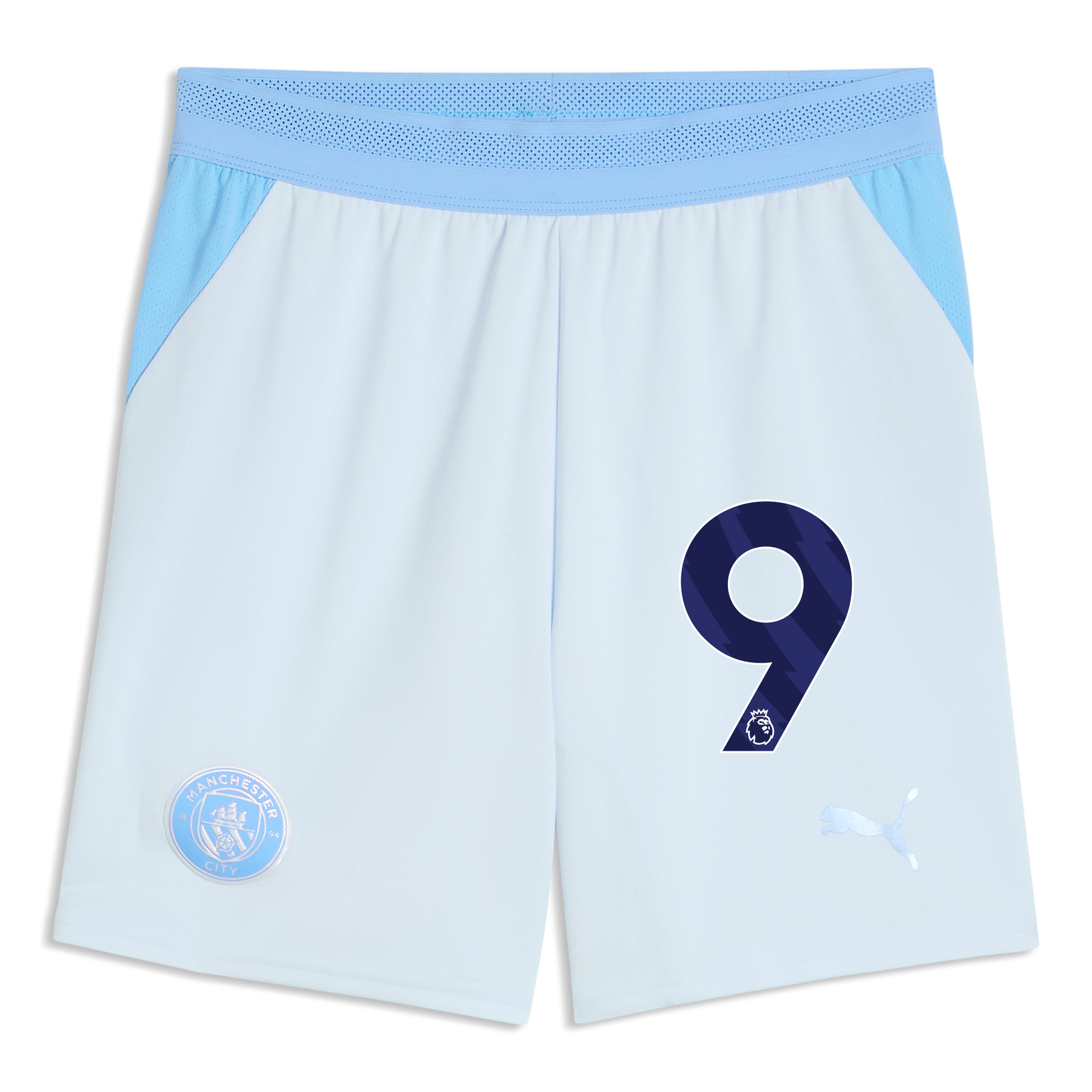 Kids' Manchester City Football Shorts 2026/27 With #9 - Icy Blue-Team Light Blue