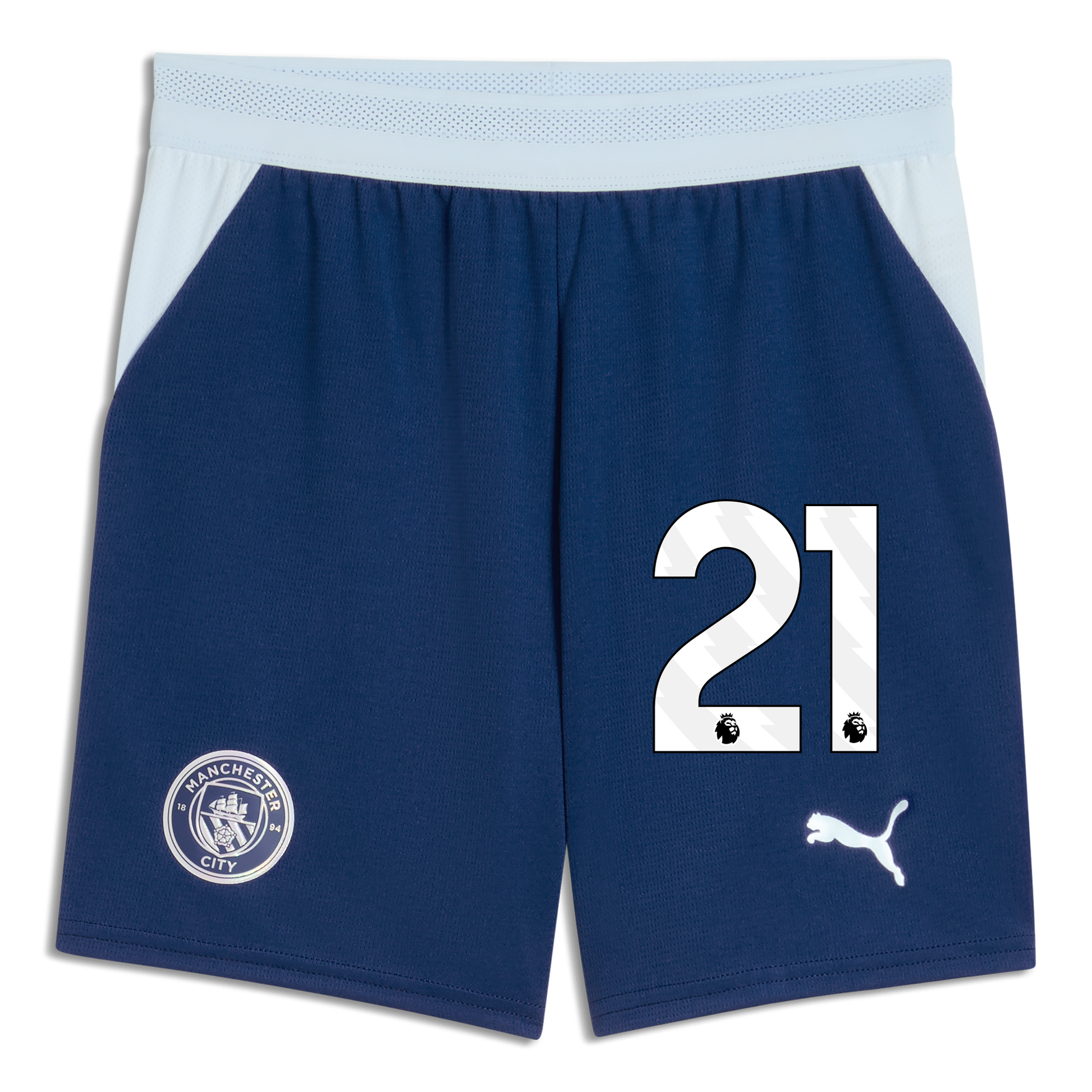 Kids' Manchester City Football Shorts 2026/27 With #21 - Blue Jewel-Icy Blue