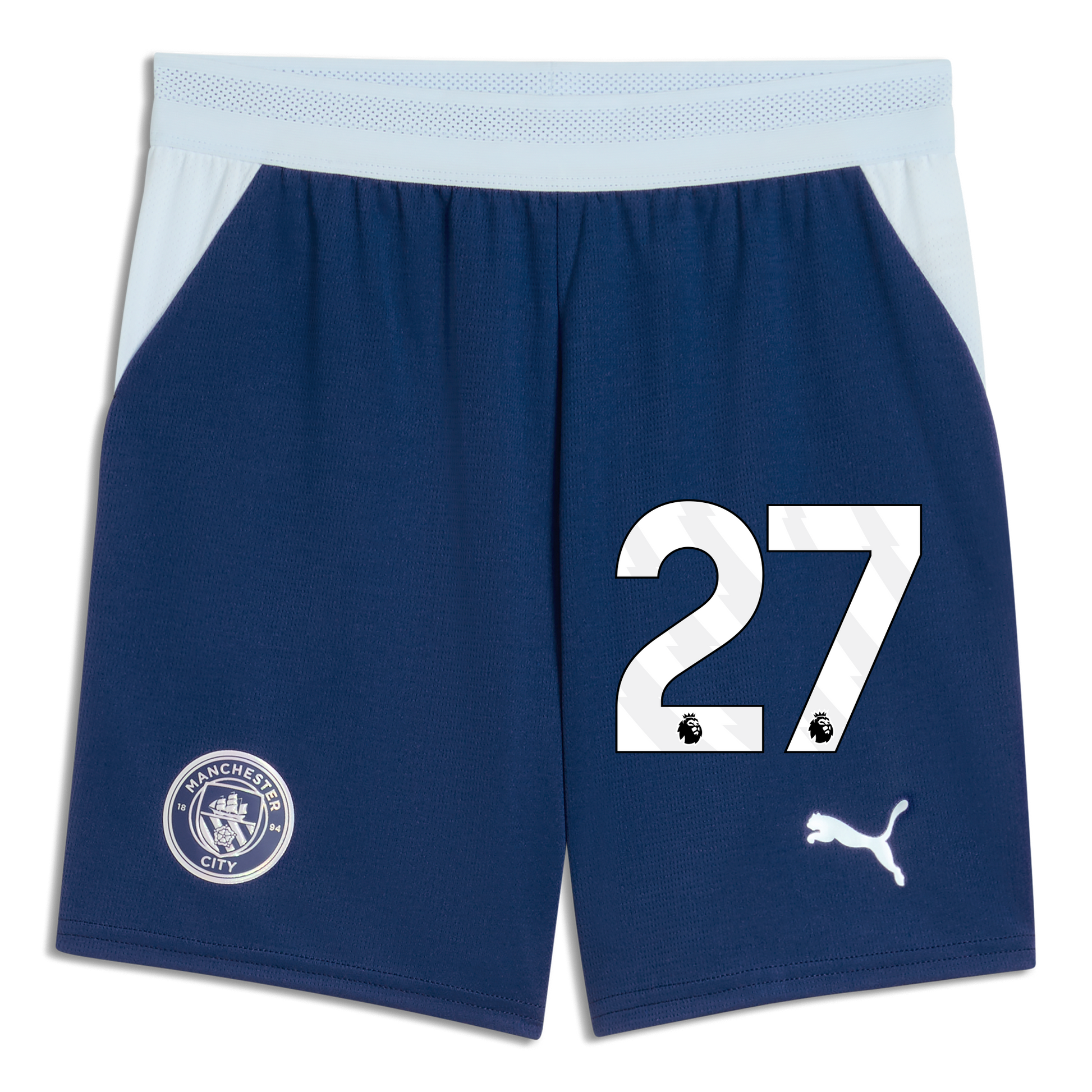 Kids' Manchester City Football Shorts 2026/27 With #27 - Blue Jewel-Icy Blue