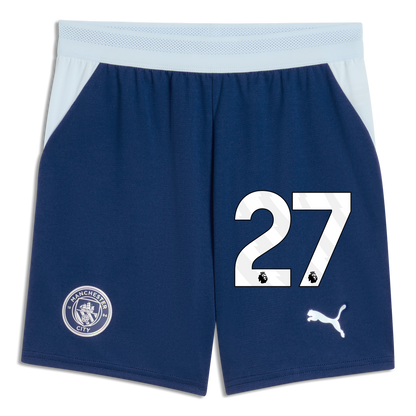 Kids' Manchester City Football Shorts 2026/27 With #27 - Blue Jewel-Icy Blue