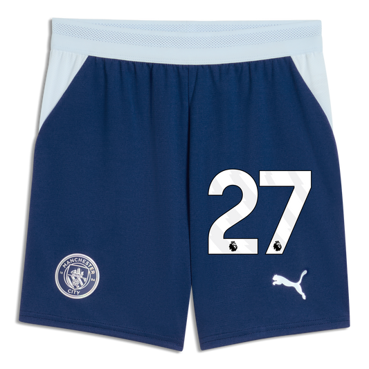 Kids' Manchester City Football Shorts 2026/27 With #27 - Blue Jewel-Icy Blue