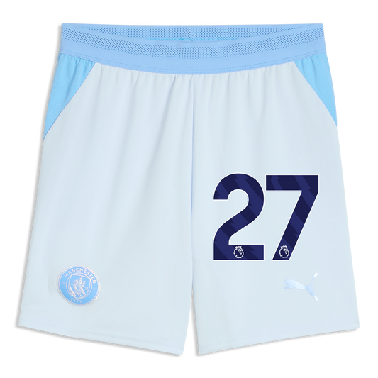 Kids' Manchester City Football Shorts 2026/27 With #27 - Icy Blue-Team Light Blue