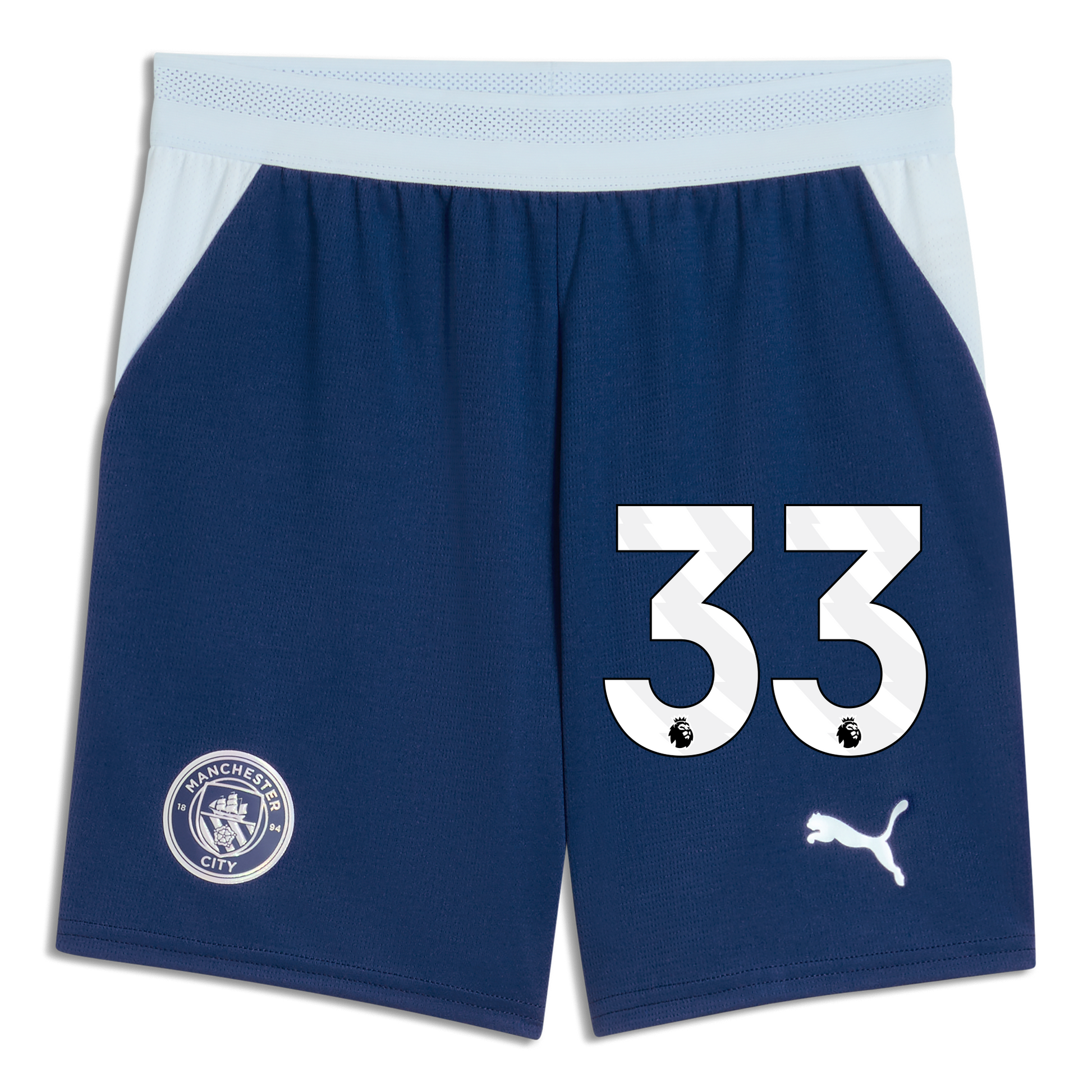 Kids' Manchester City Football Shorts 2026/27 With #33 - Blue Jewel-Icy Blue