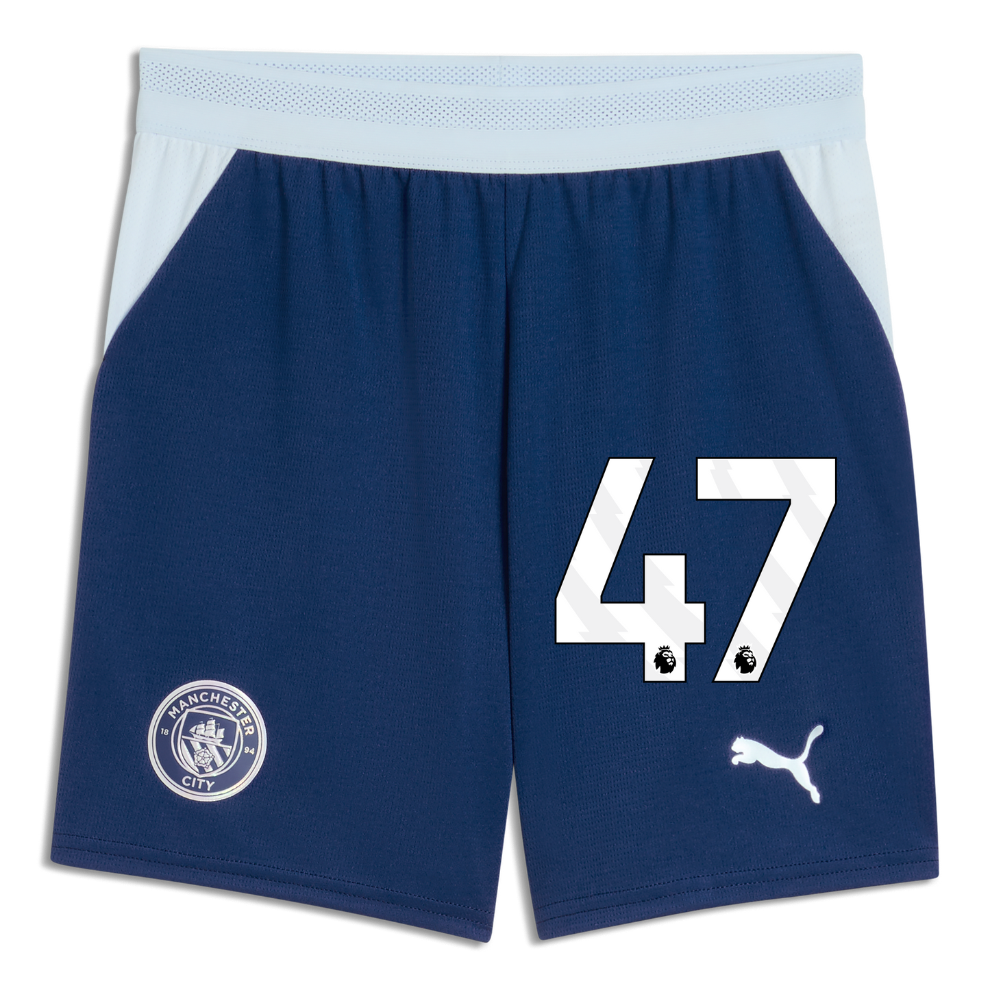 Kids' Manchester City Football Shorts 2026/27 With #47 - Blue Jewel-Icy Blue