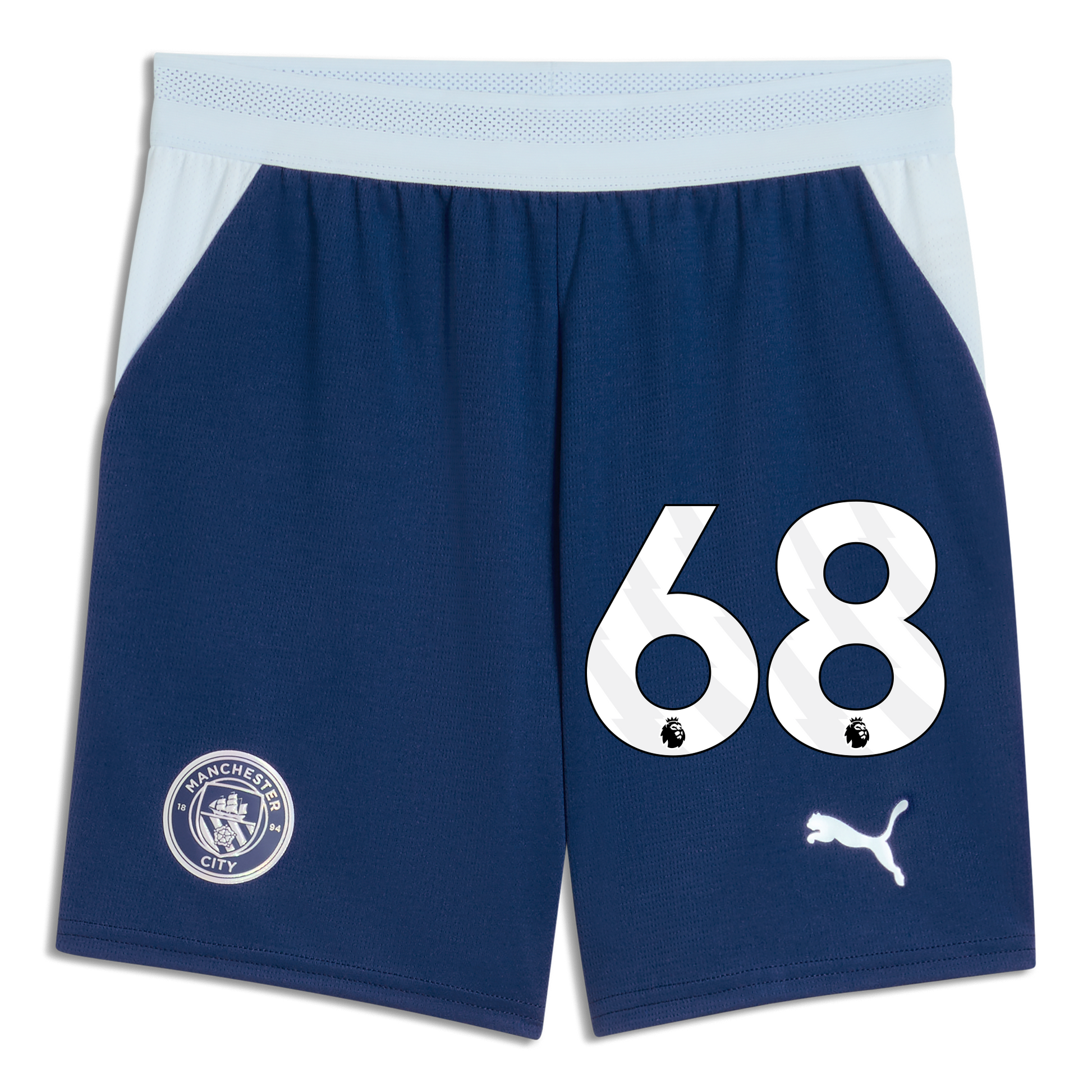Kids' Manchester City Football Shorts 2026/27 With #68 - Blue Jewel-Icy Blue
