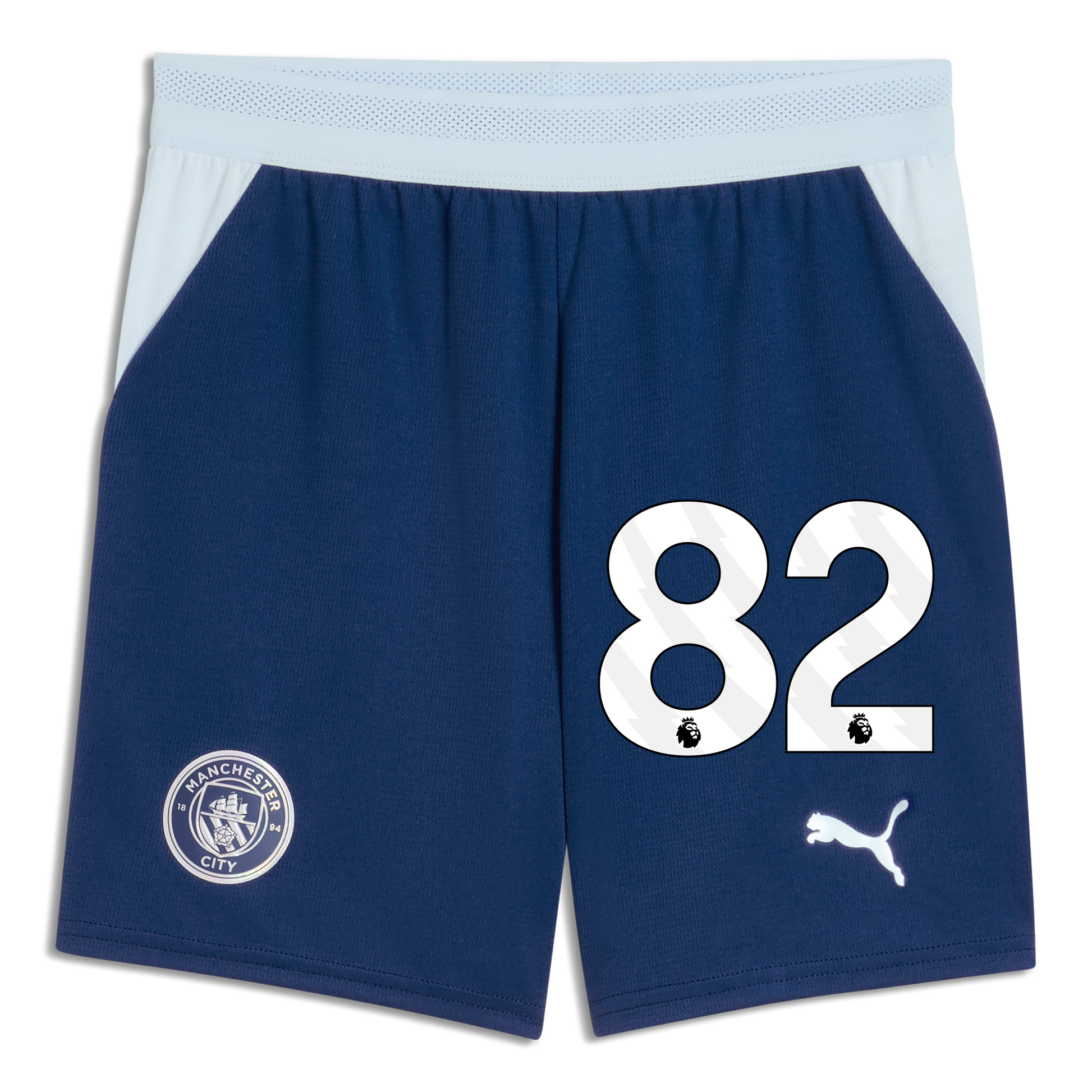 Kids' Manchester City Football Shorts 2026/27 With #82 - Blue Jewel-Icy Blue