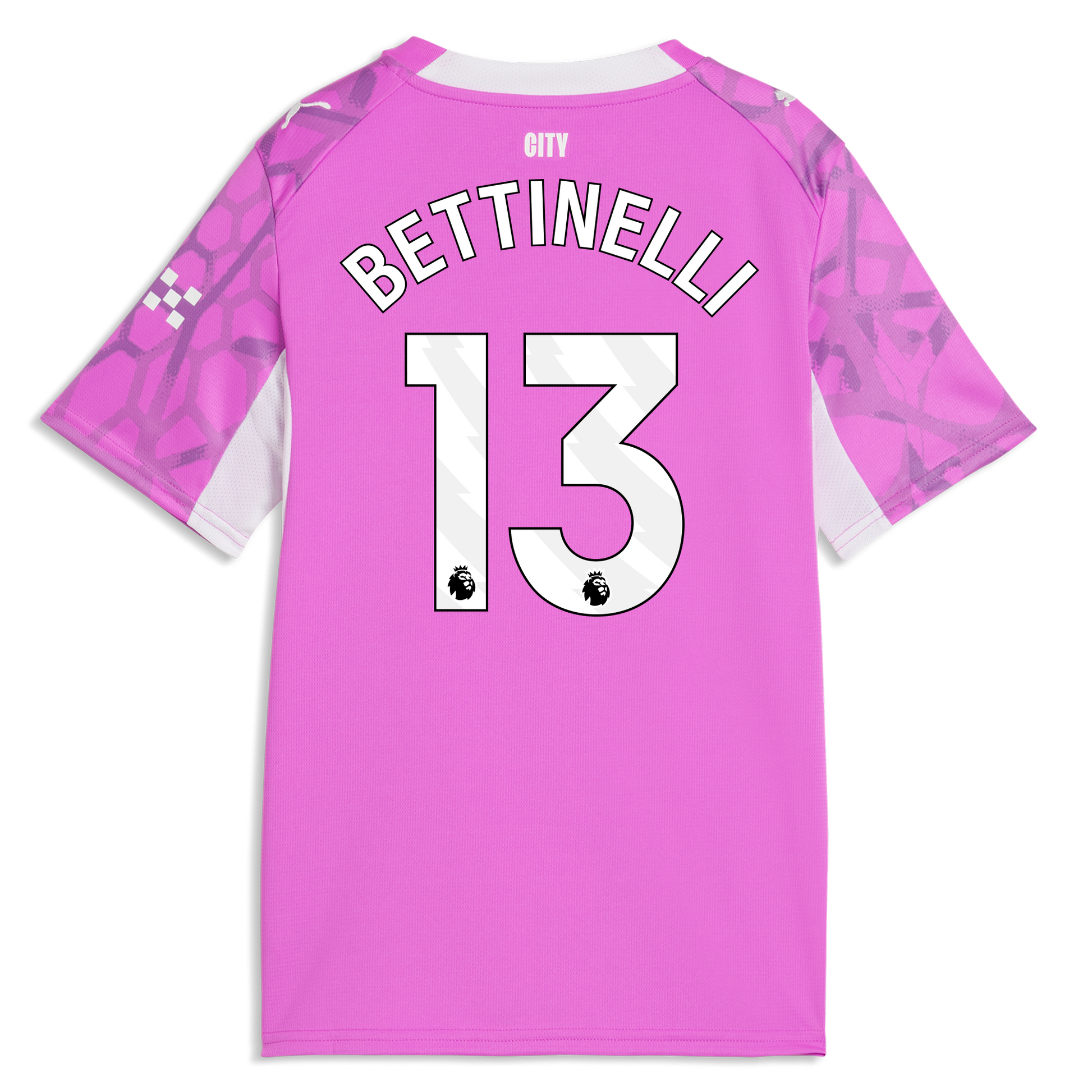 Kids' Manchester City Goalkeeper Jersey 2026/27 With BETTINELLI 13 Printing - Electric Orchid-PUMA White