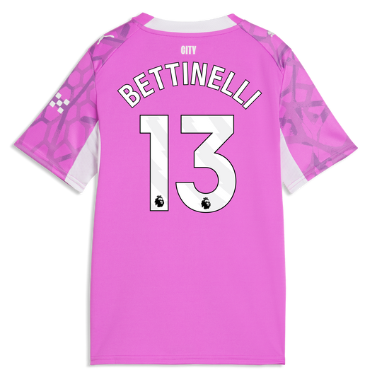 Kids' Manchester City Goalkeeper Jersey 2026/27 With BETTINELLI 13 Printing - Electric Orchid-PUMA White
