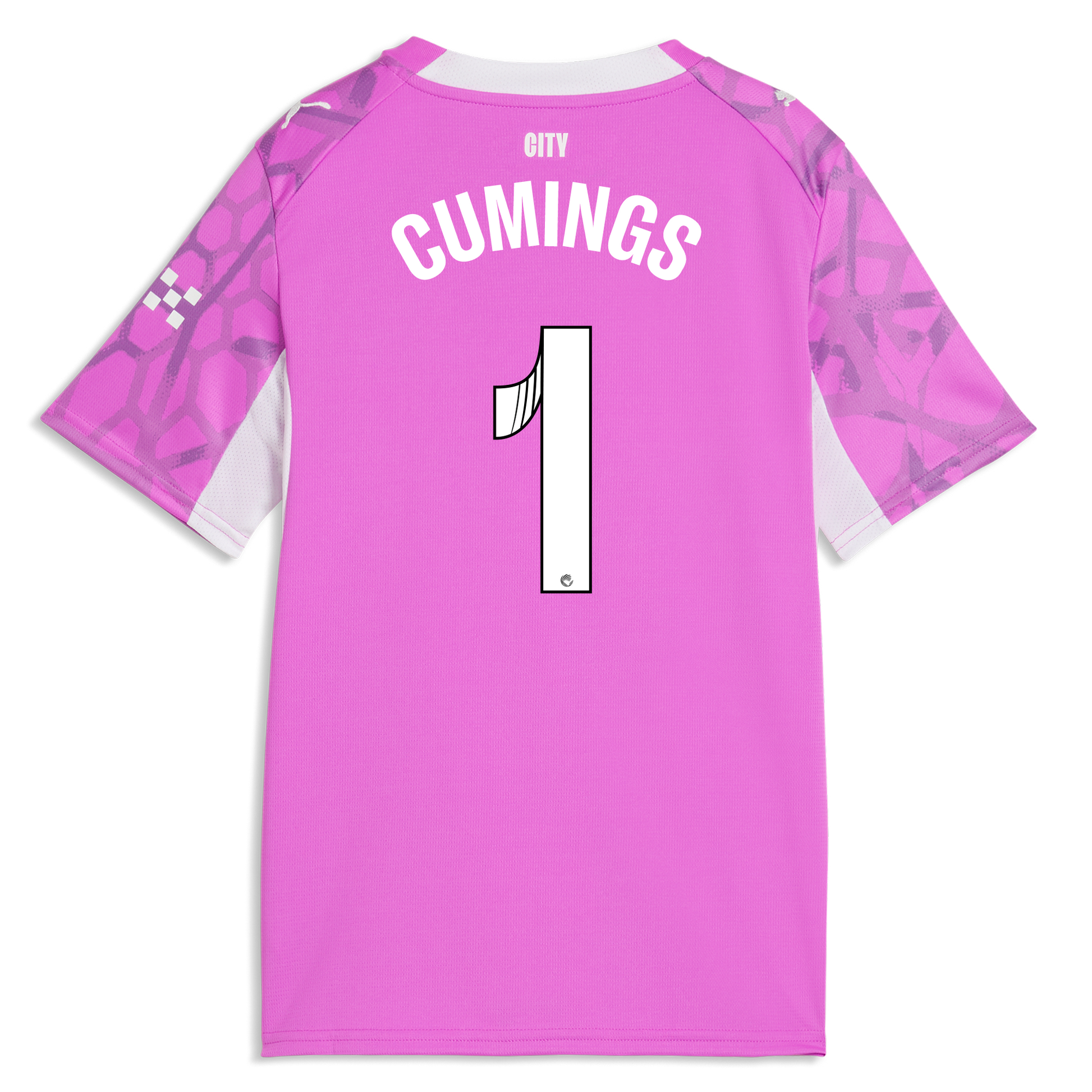 Kids' Manchester City Goalkeeper Jersey 2026/27 With CUMINGS 1 Printing - Electric Orchid-PUMA White